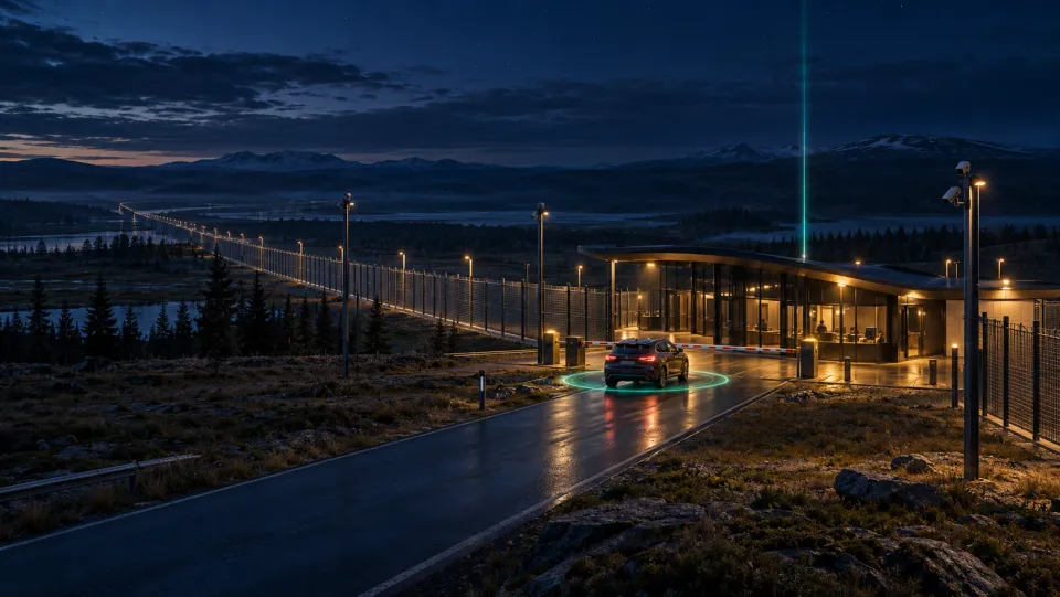 A remote border crossing with a long fence and a checkpoint barrier, where an approaching vehicle is marked by a green ring.