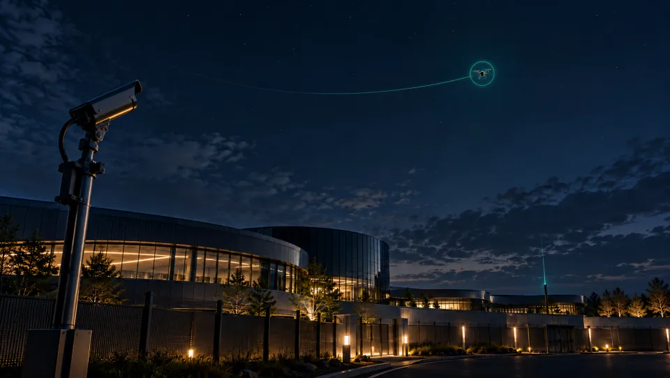 A small drone high in the sky above a secure facility, circled by a thin green ring with a faint line showing its path.