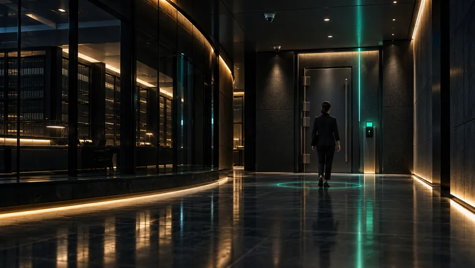 A secure corridor at night with a restricted door, where one person approaching is marked by a soft green ring.