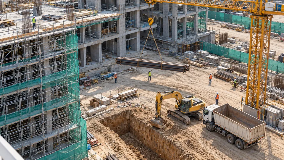A construction site where a worker stands under steel beams hanging from a crane.