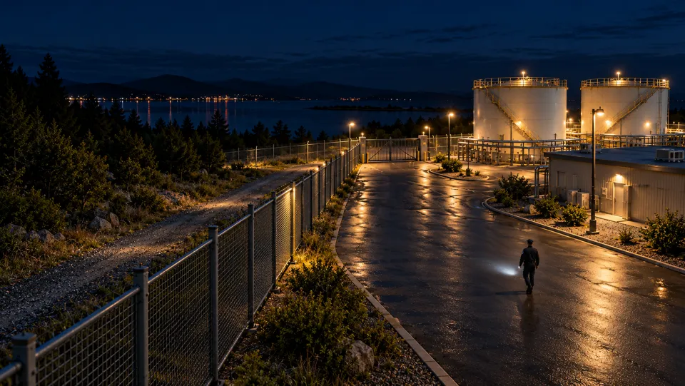 A security patrol officer walking along an inner service road at night.