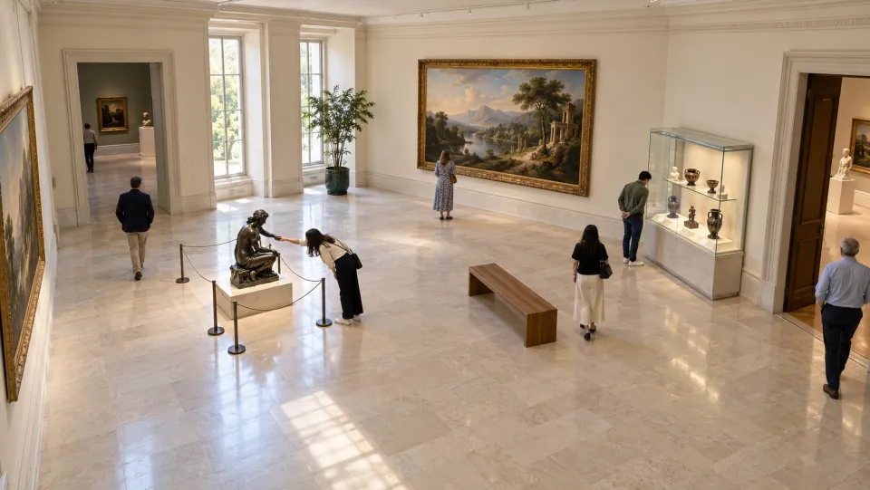 A museum gallery where one visitor leans over the rope barrier toward a bronze sculpture.